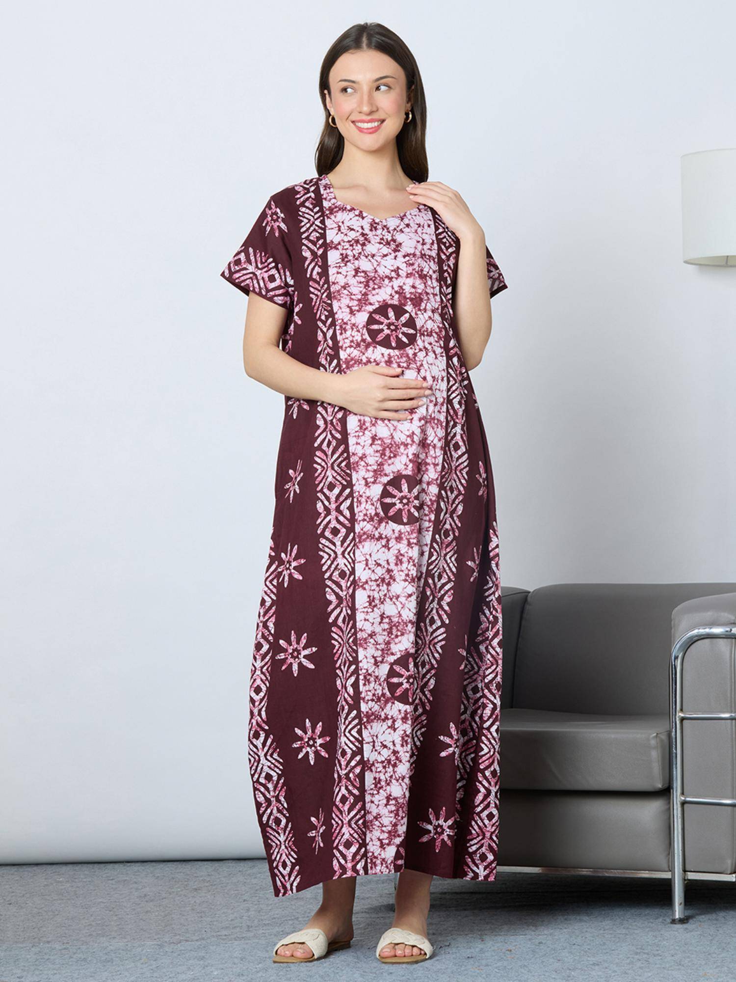 MomToBe Women Claret Wine Printed A-Line Feeding Nighty