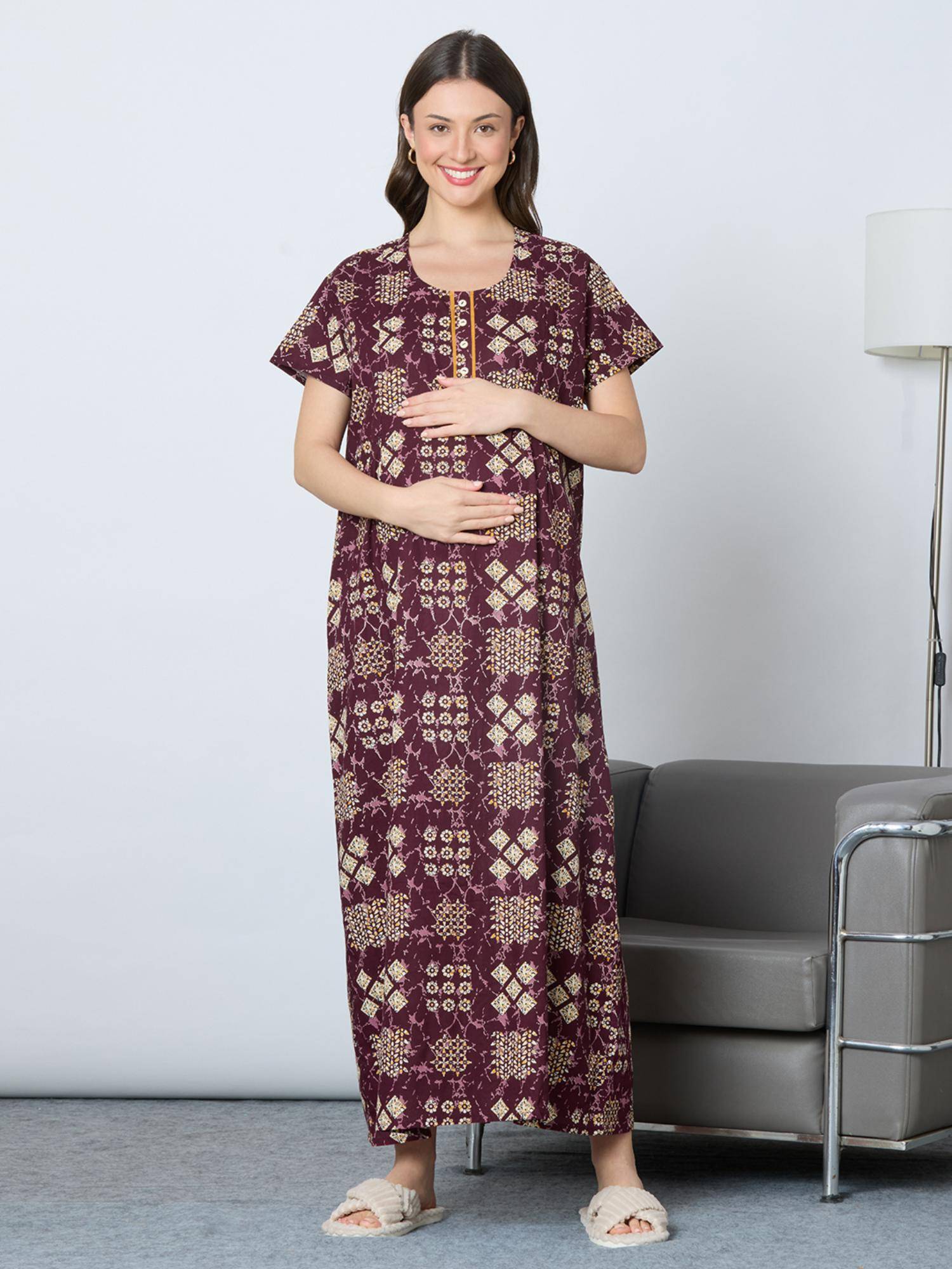 MomToBe Women Pomegranate Wine Ethnic Motifs Printed Feeding Nightdress