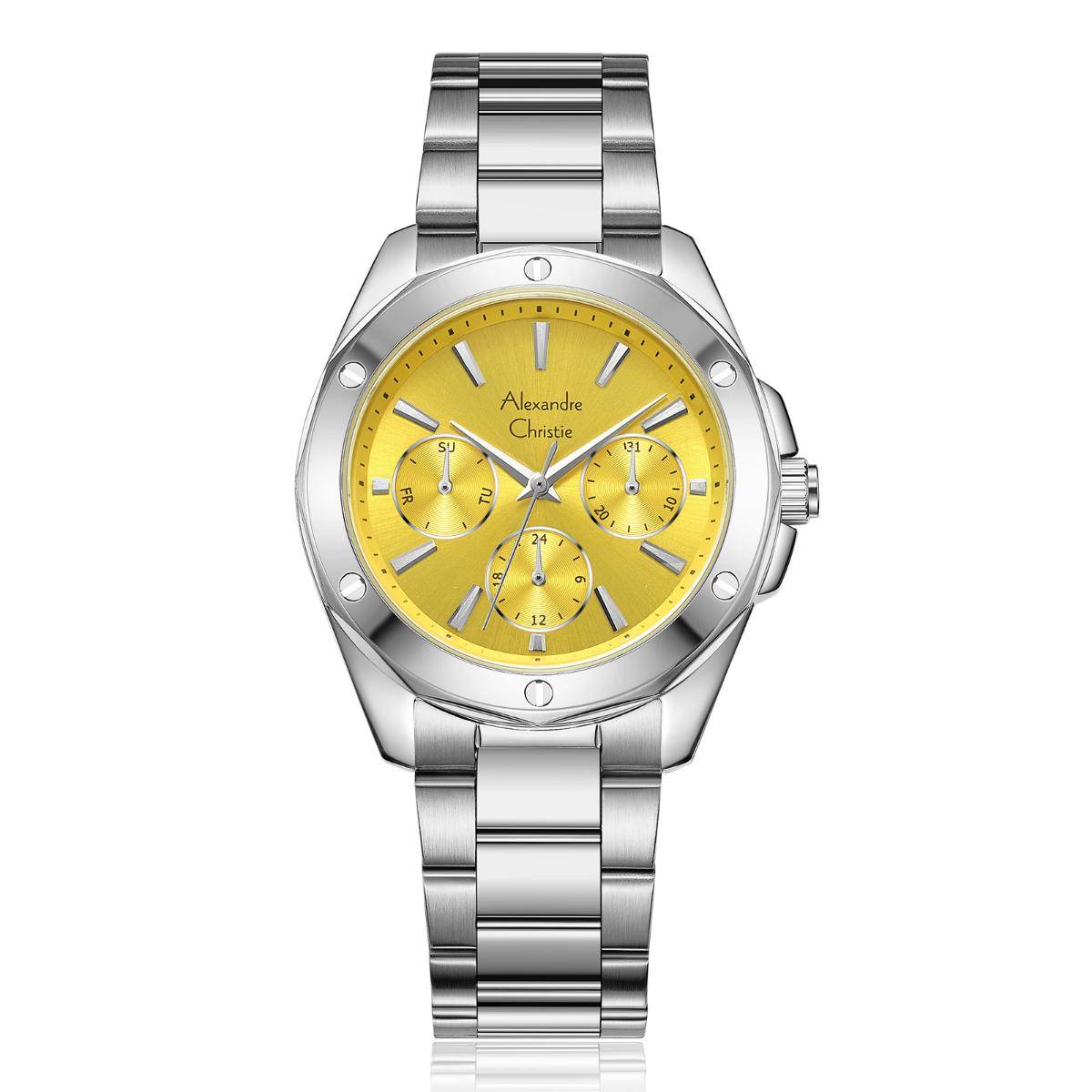 Alexandre Christie Women Collection Yellow Dial Stainless Steel Analog Watch - 2A72BFBSSYL (M)