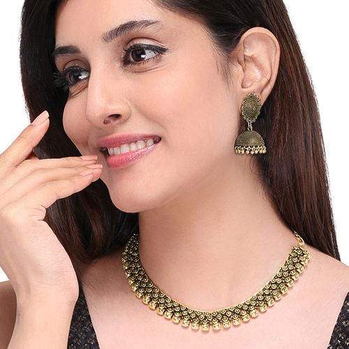 Buy Yellow Chimes Oxidised Gold toned Kolhapuri Work choker - Main Image