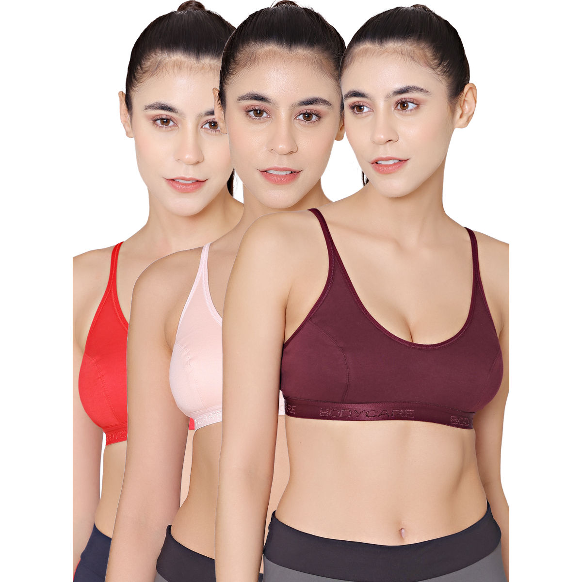 Buy Bodycare Sports Bra In Pink-Red-Skin Color - Pack Of 3 online