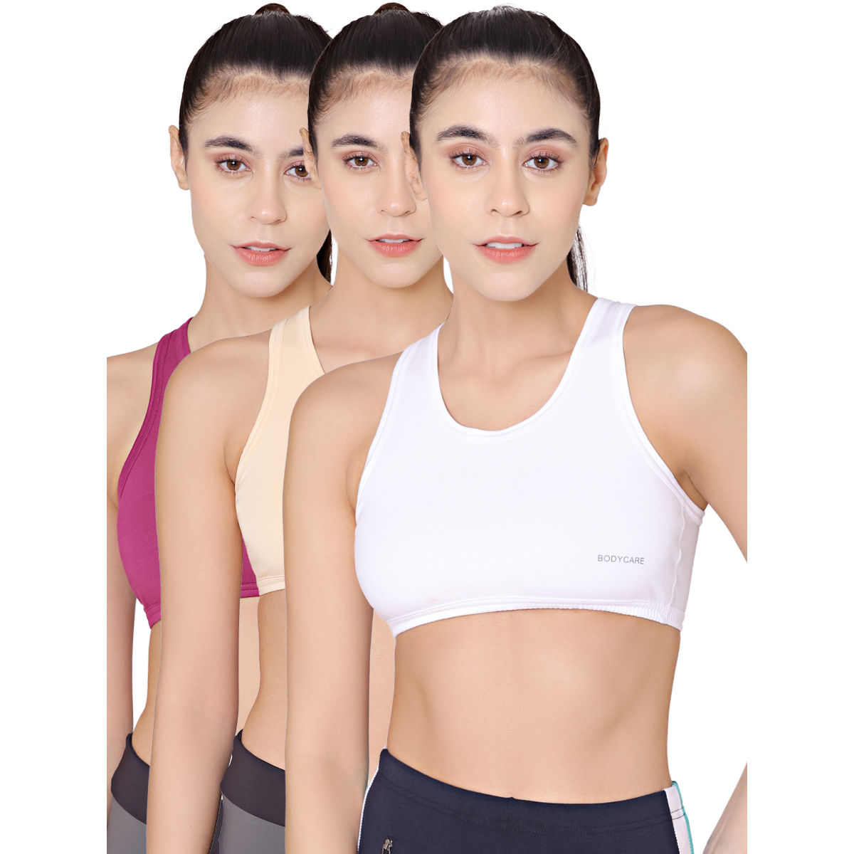 Buy Bodycare Sports Bra In Skin-White-Wine Color (Pack of 3) Online