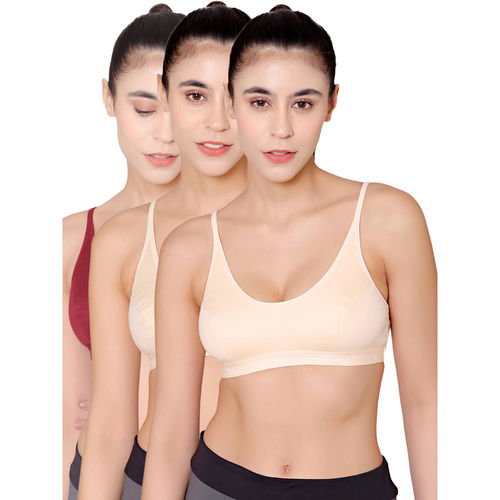 Buy Bodycare Sports Bra In Maroon-Peach-Skin Color - Pack Of 3 Online