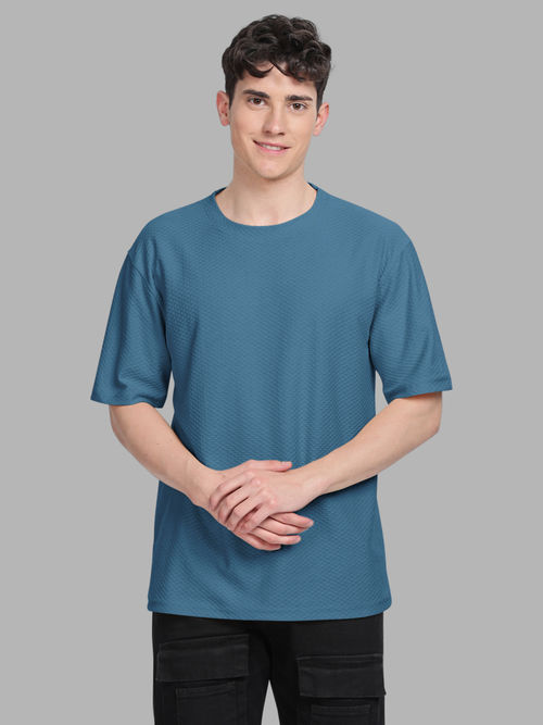 BULLMER Men Blue Textured Half Sleeve Oversized Crew Neck T-Shirt