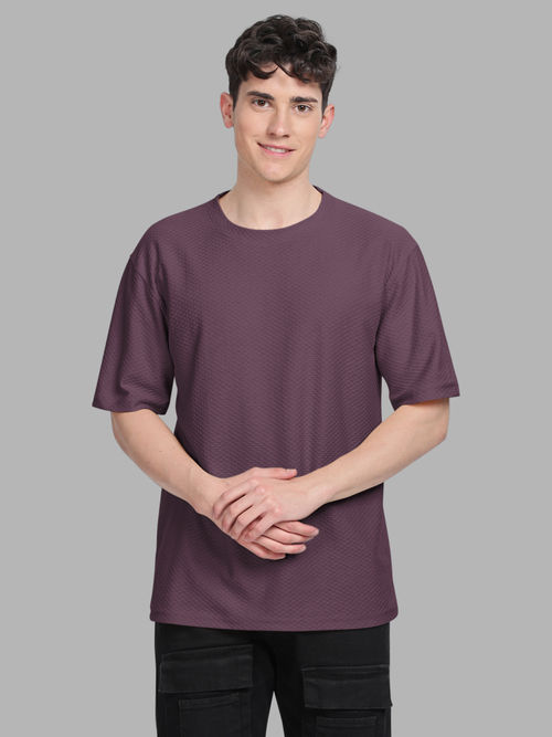 BULLMER Men Burgundy Textured Half Sleeve Oversized Crew Neck T-Shirt