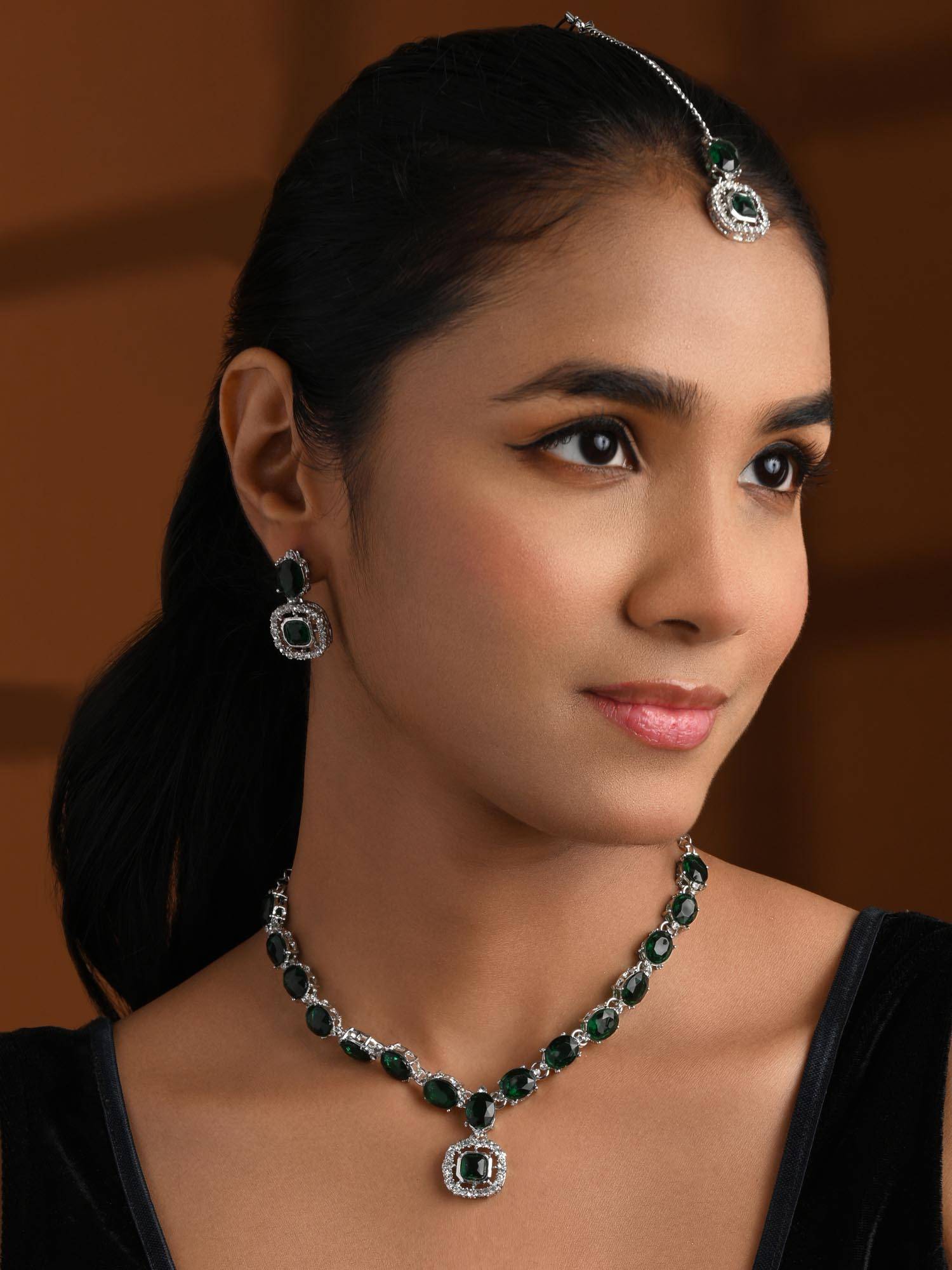 I Jewels Green Silver-Plated Stone-Studded Jewellery Set