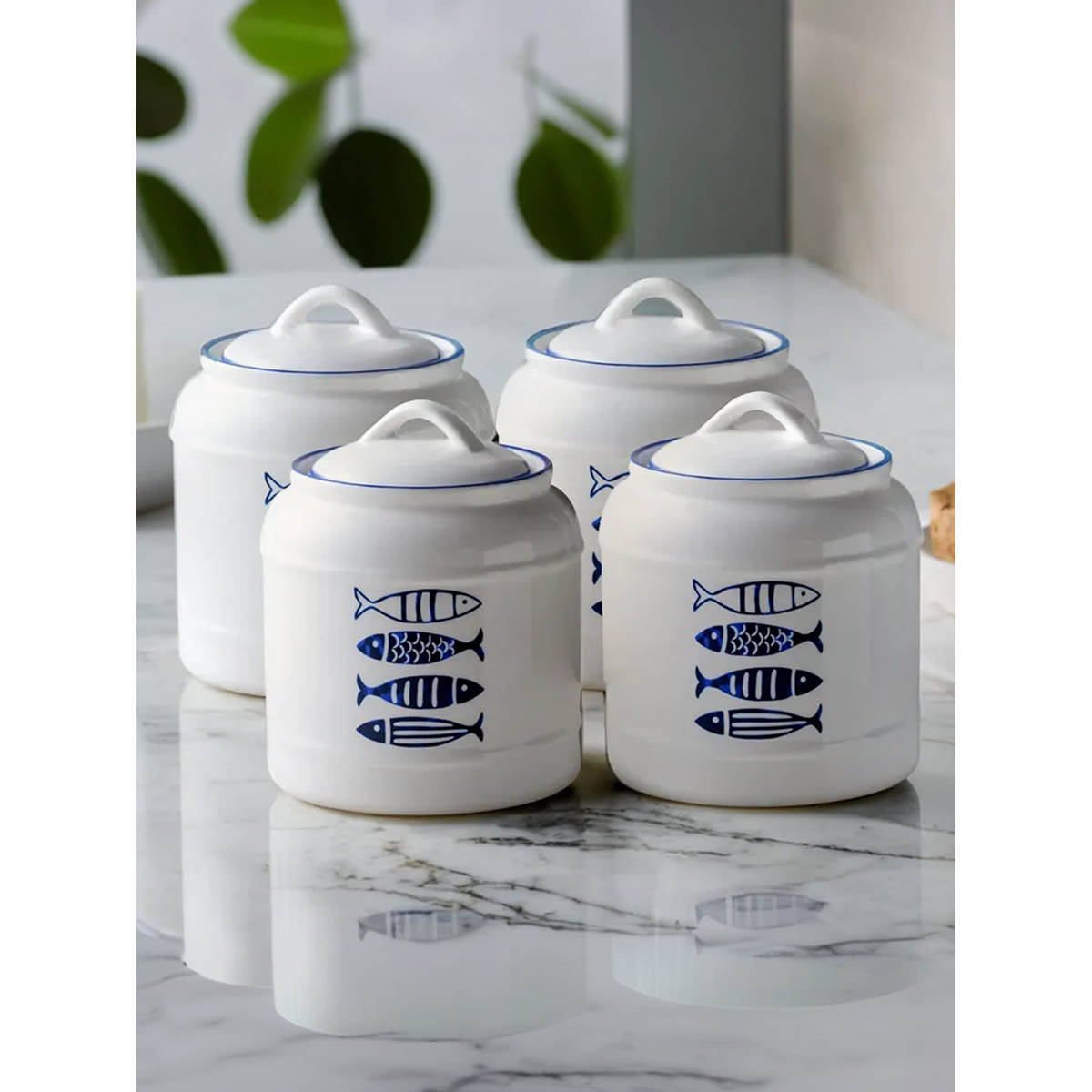 The Better Home Blue Printed Ceramic Jar, 2.5L, (Pack Of 4)