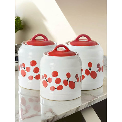 The Better Home Red Printed Ceramic Jar, (Pack Of 3)