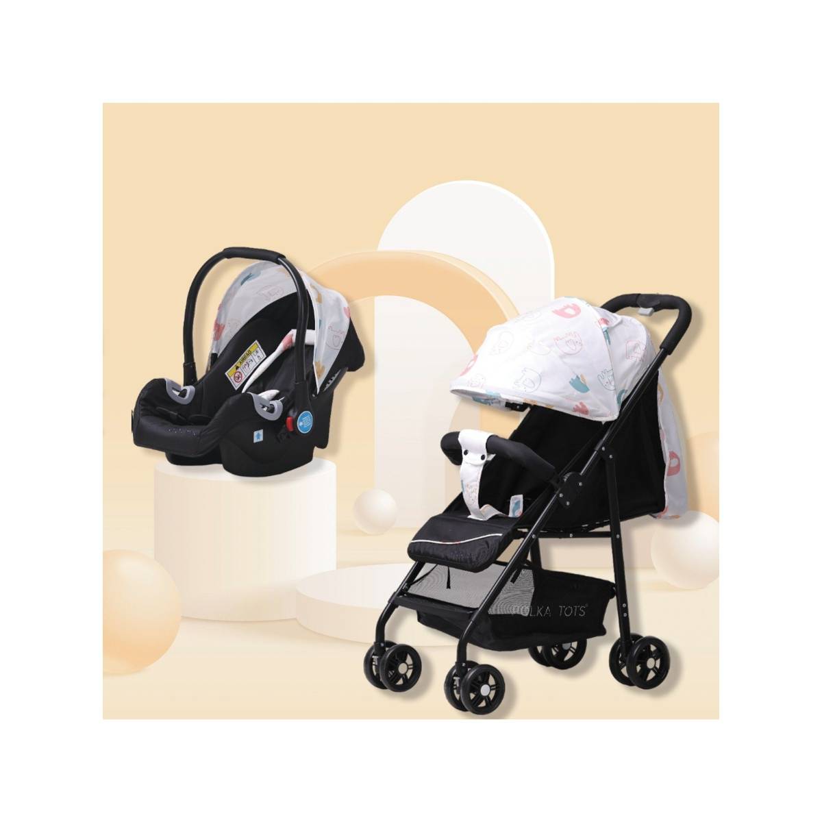 Polka Tots White Click Clack Travel System Elephant Printed Stroller & Car Seat