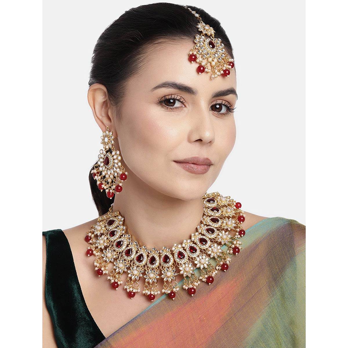 Peora Gold Plated Kundan Pearls Necklace Earring Maangtikka Traditiona Jewellery Set