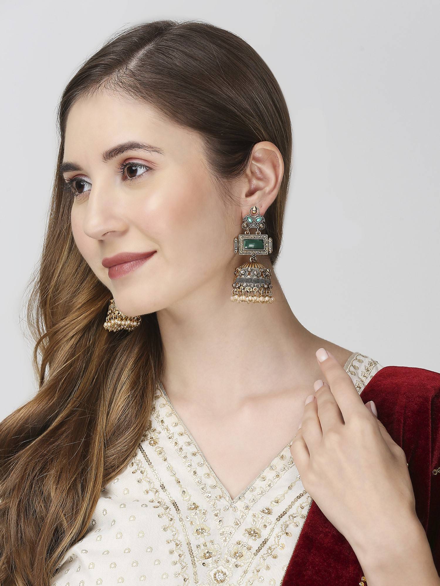 OOMPH Green Jhumka Earrings - Matte Gold Statement Look