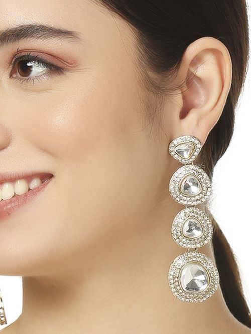 Buy OOMPH Gold Kundan Long Drop Earrings Indo-Western Party-Wear