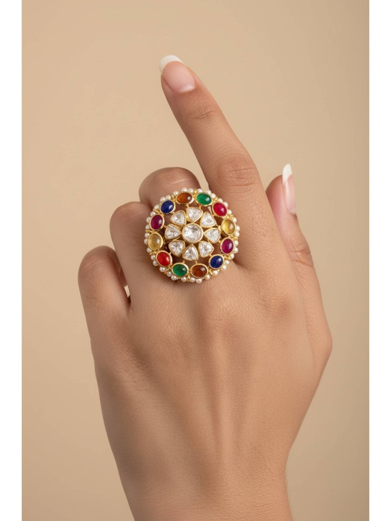 Sica Jewellery 925 Silver Moissanite Polka Navratan Ring