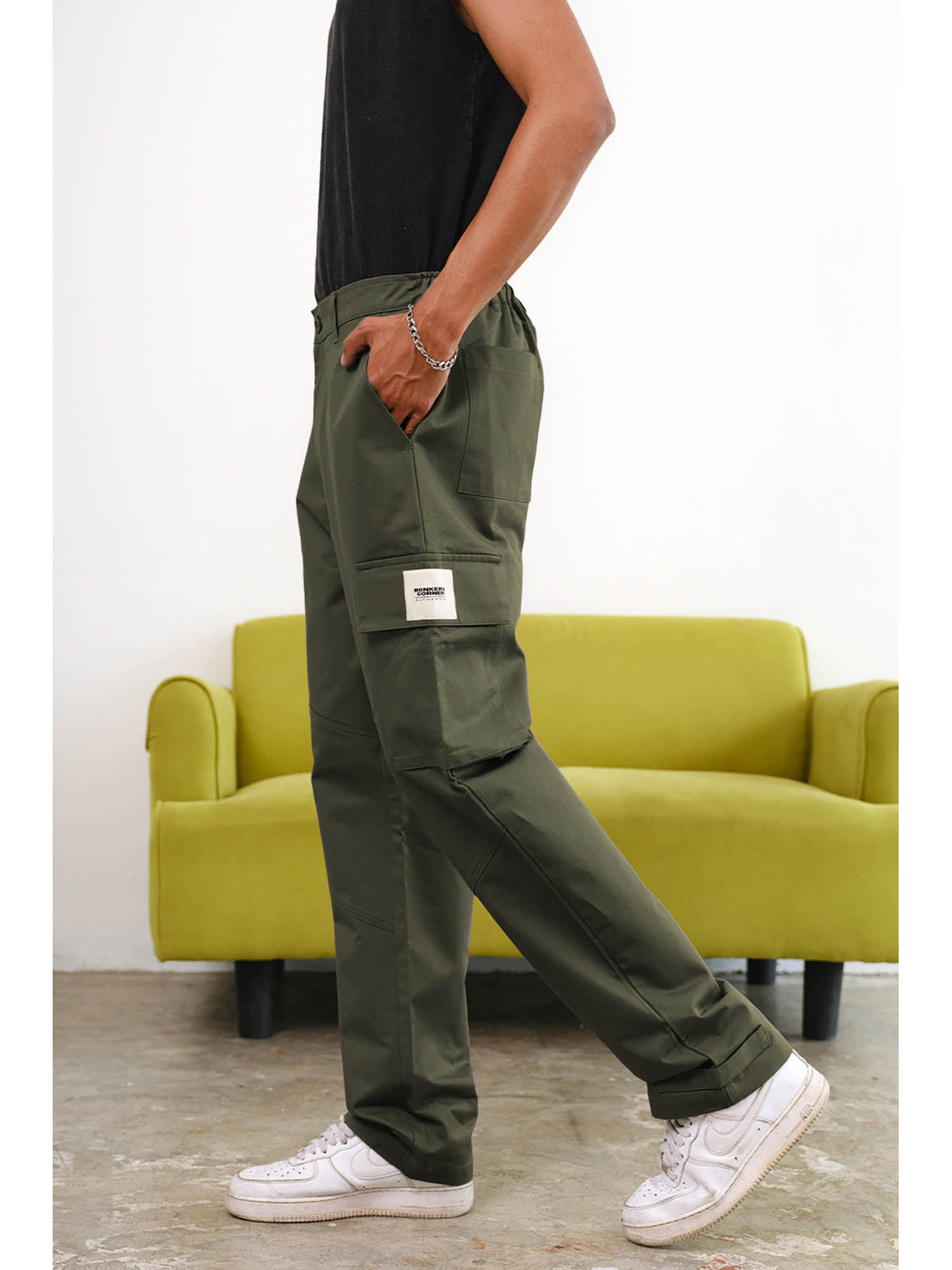 Buy Bonkers Corner Olive Solid Mid Waist Cargo Pant Online