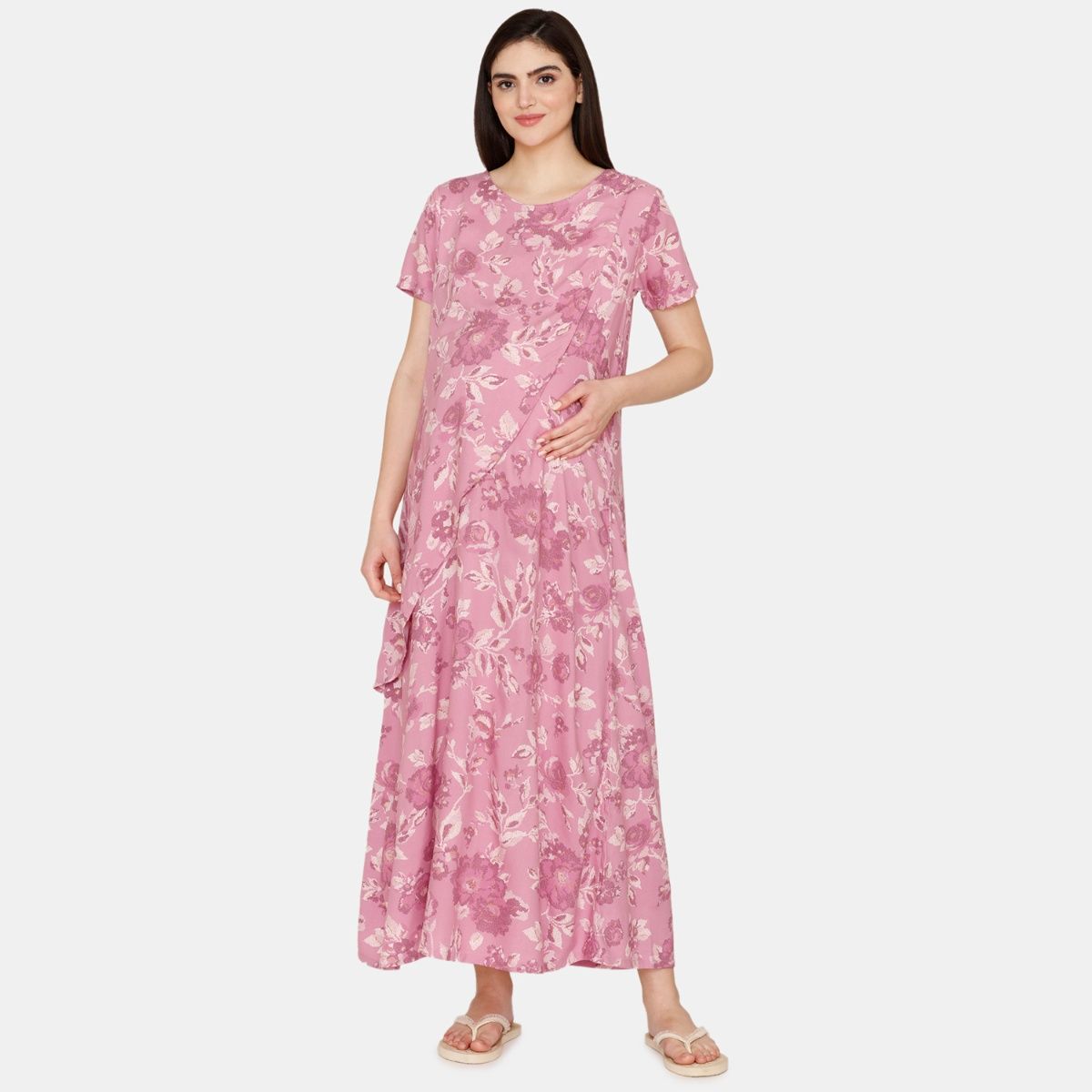 Zivame Coucou Maternity Full Length Lounge Dress With Front Zipper And