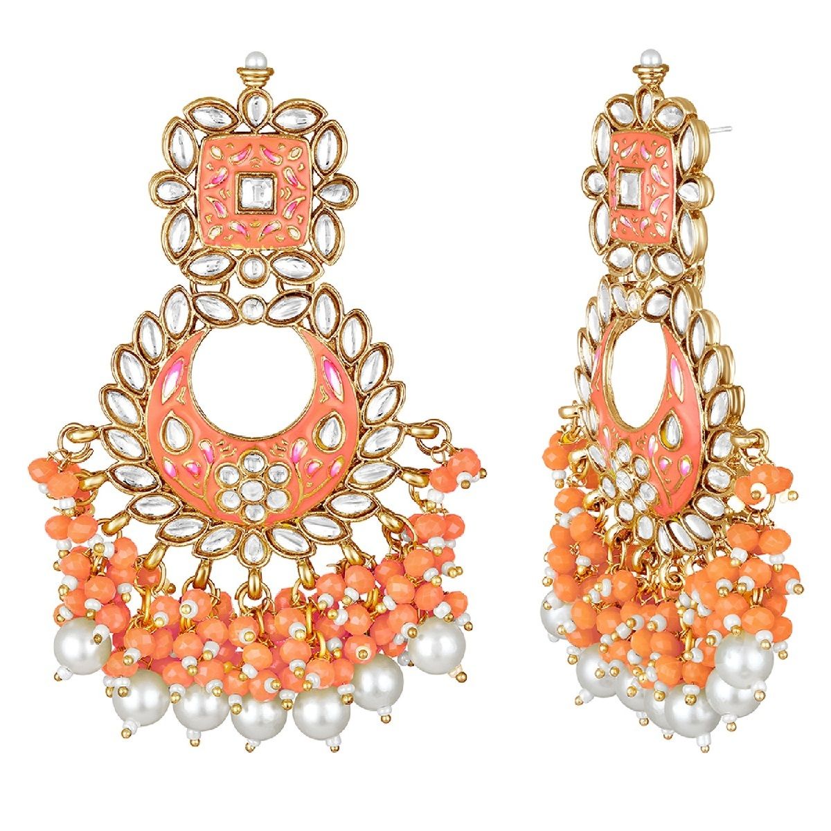 Peach Colour Traditional Earrings with Maangtikka  FashionCrabcom