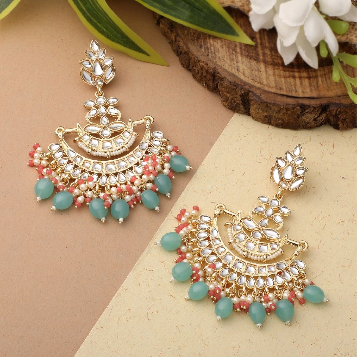 Buy Mahi Floral Chandbali Traditional Earrings with Crystals and Blue Beads Online