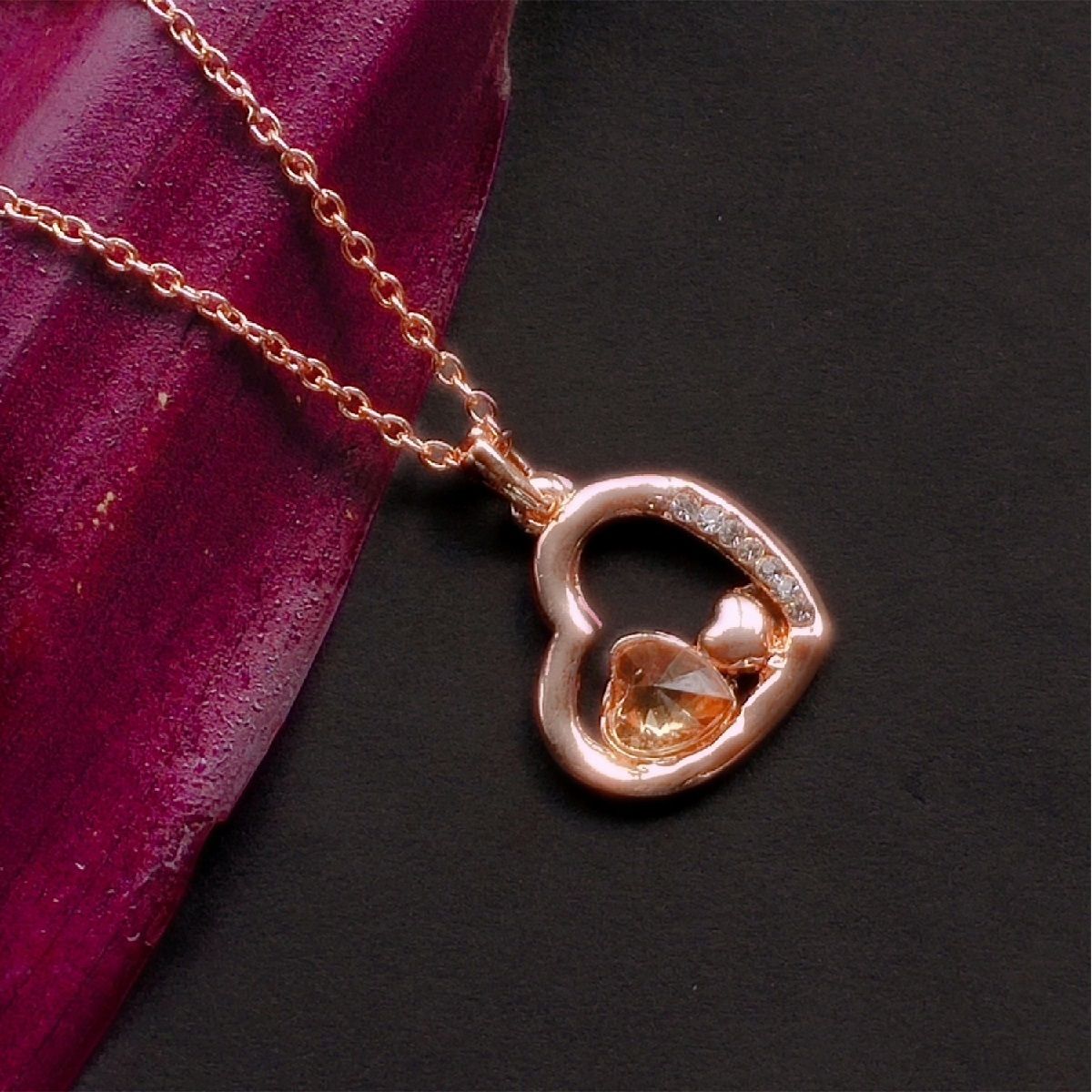 Buy Mahi Rose Gold Plated Brown Crystal Eternal Love Triple Heart Pendant Online