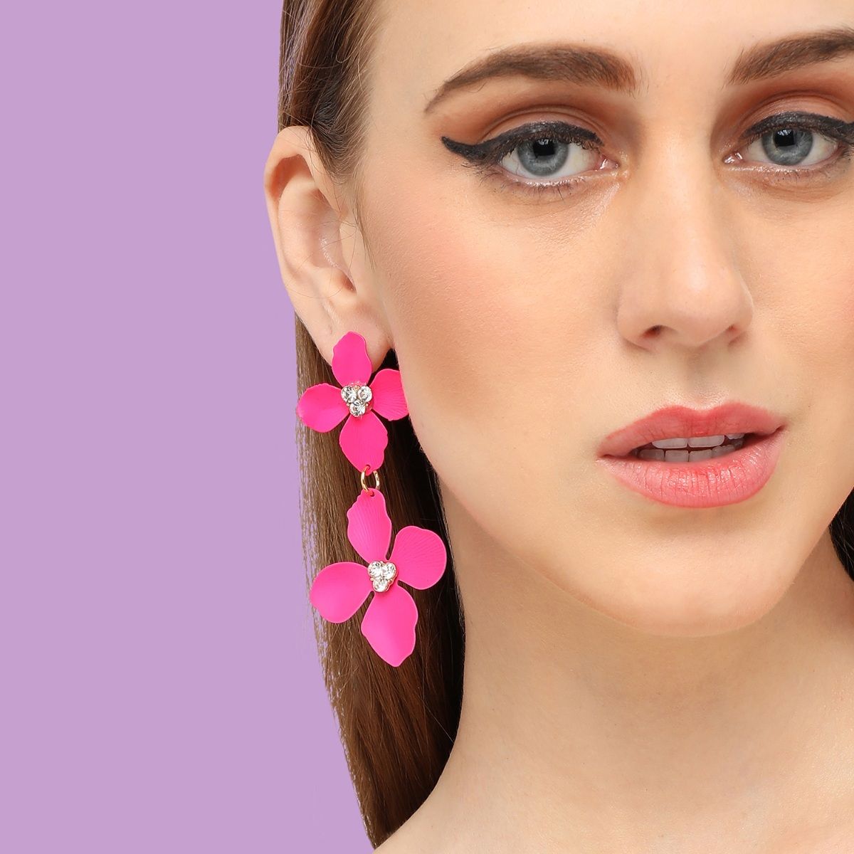 Buy Mystic Lotus Stud Earrings In Hot Pink Enamel