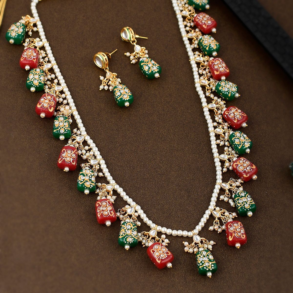 Shoshaa Gold Plated Red and Green Tanjore Stones Kundan Beaded