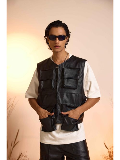 Oversized Sleeveless Leather Waistcoat Oversized Sleeveless Brown