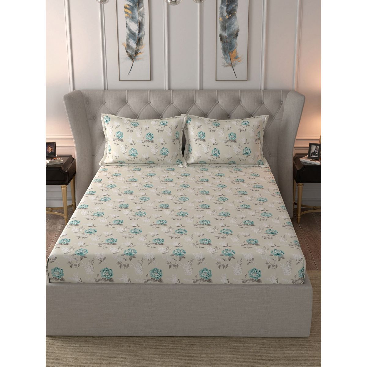 Buy Maspar Hermosa 210TC Giardino Laurel Cotton Blue King Bed Sheet