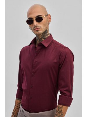 Snitch Maroon Stretchable Slim Fit Shirt