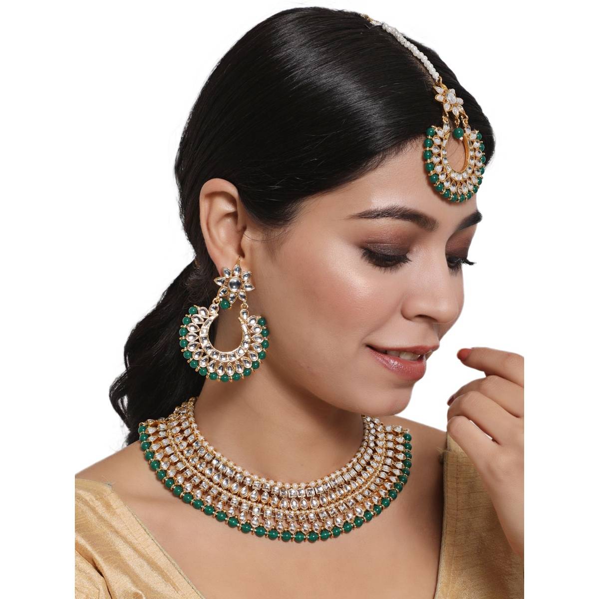 Aatmana Gold Plated Green & White Kundan Studded Choker Jewellery Set
