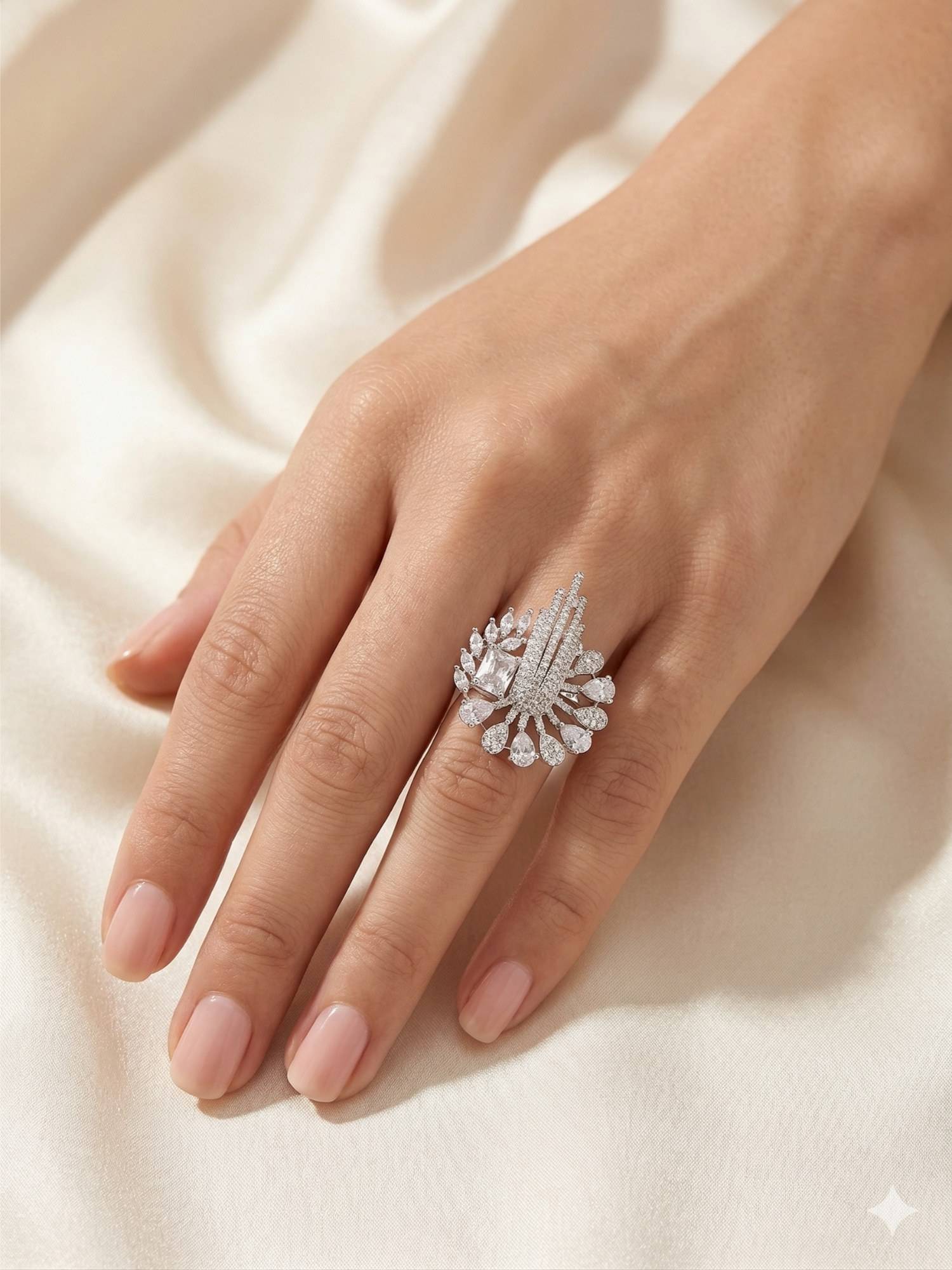 Adwitiya Women Rhodium Peacock Feather Design Adjustable Ring