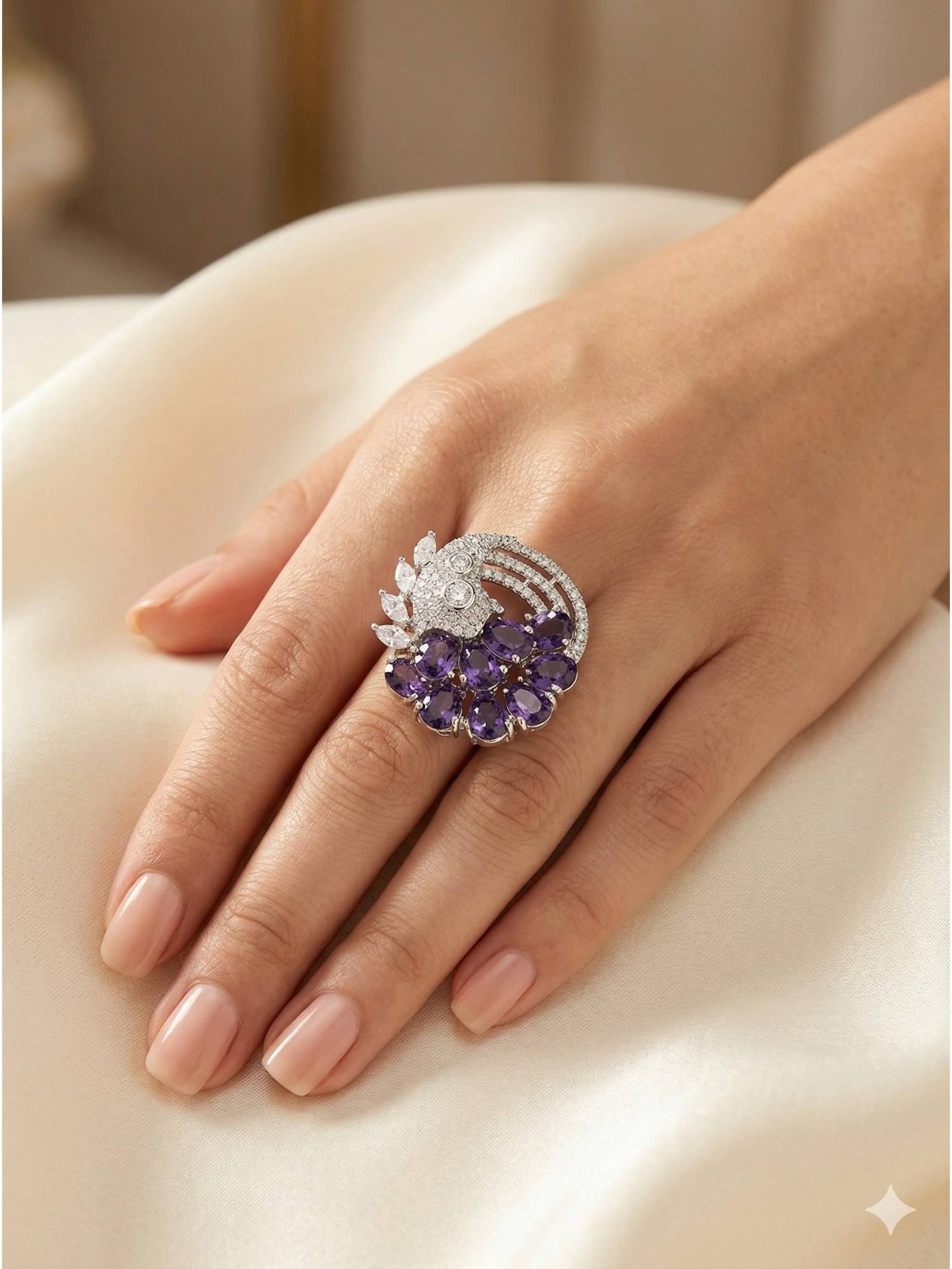 Adwitiya Women Rhodium Plated Purple Amethyst Peacock Designer Adjustable Ring