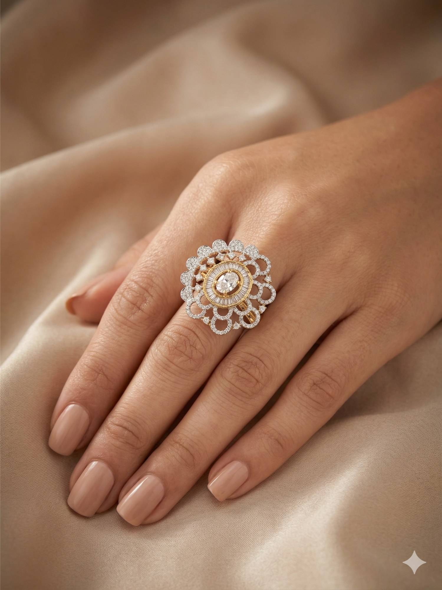 Adwitiya Women Gold Plated Scalloped Baguette Medallion Adjustable Ring