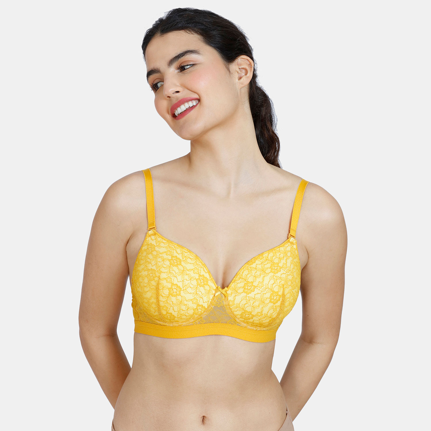 Zivame Vintage Lace Padded Wired Bra With Bikini Panty - Golden Yellow