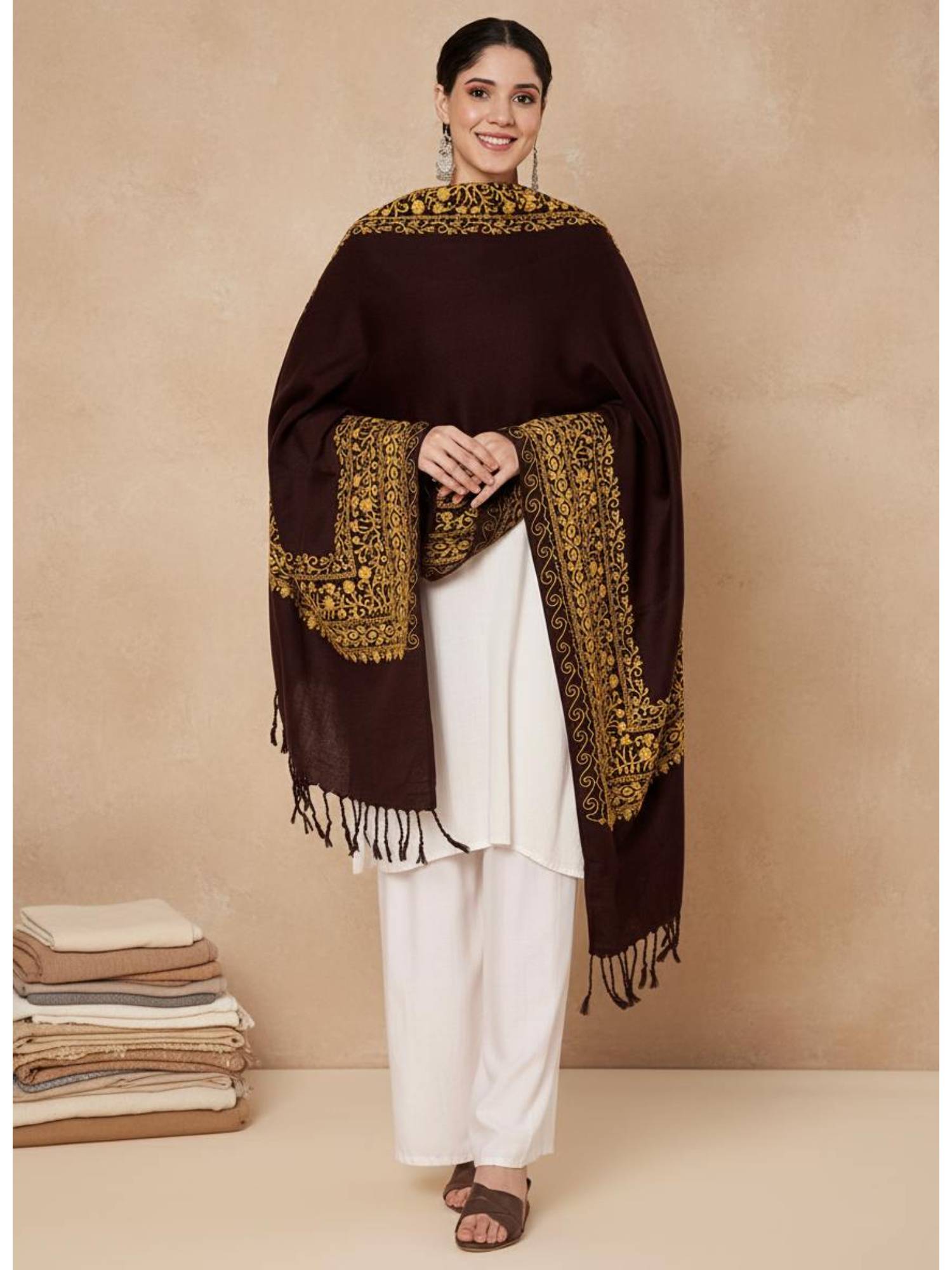 Zamour Floral Border Aari Embroidery Stole-Brown