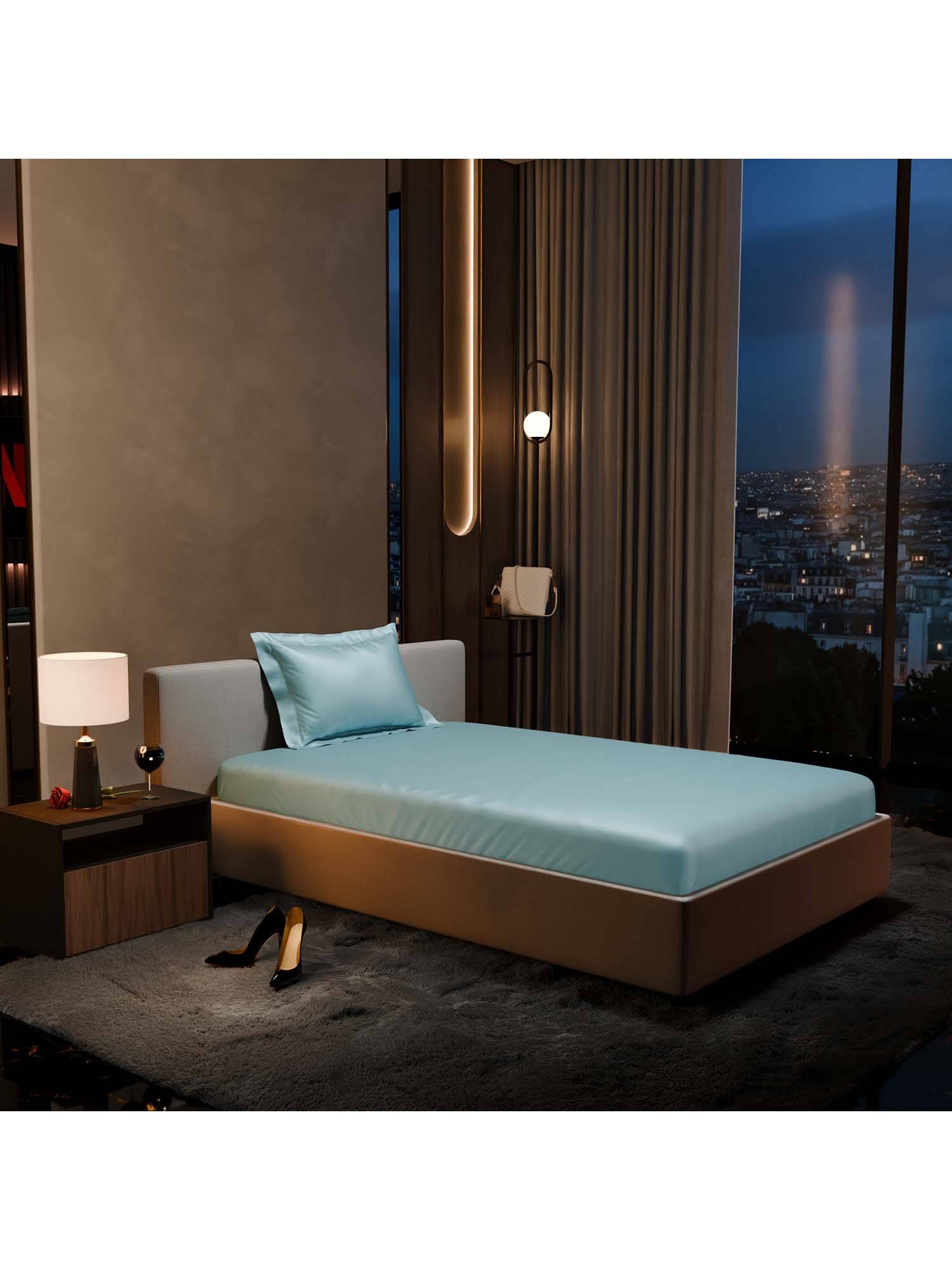 Stoa Paris Blue Satin Single Fitted Sheet with 1 Pillow Cover
