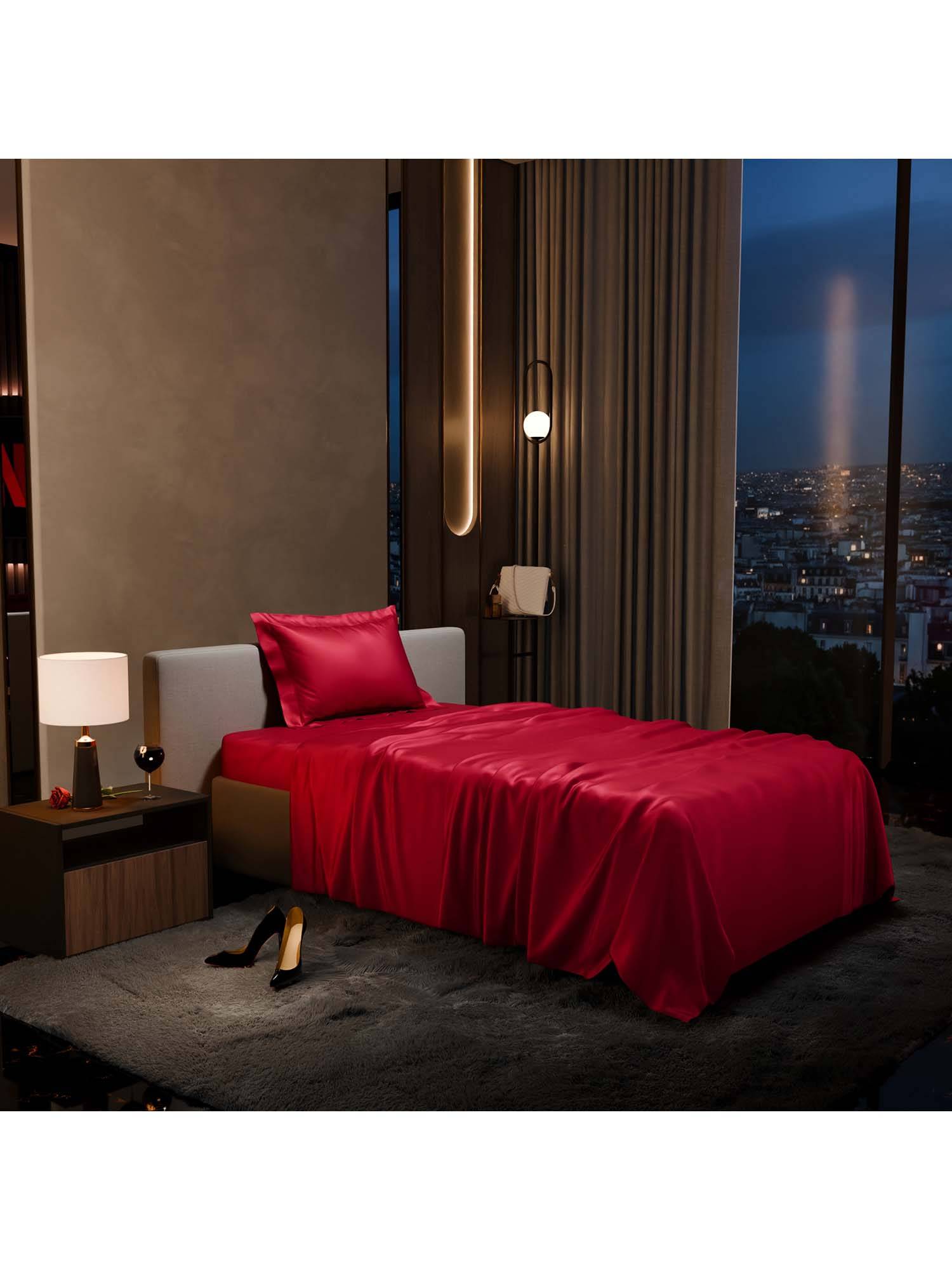 Stoa Paris Red Satin Single Bedsheet with 1 Pillow Cover
