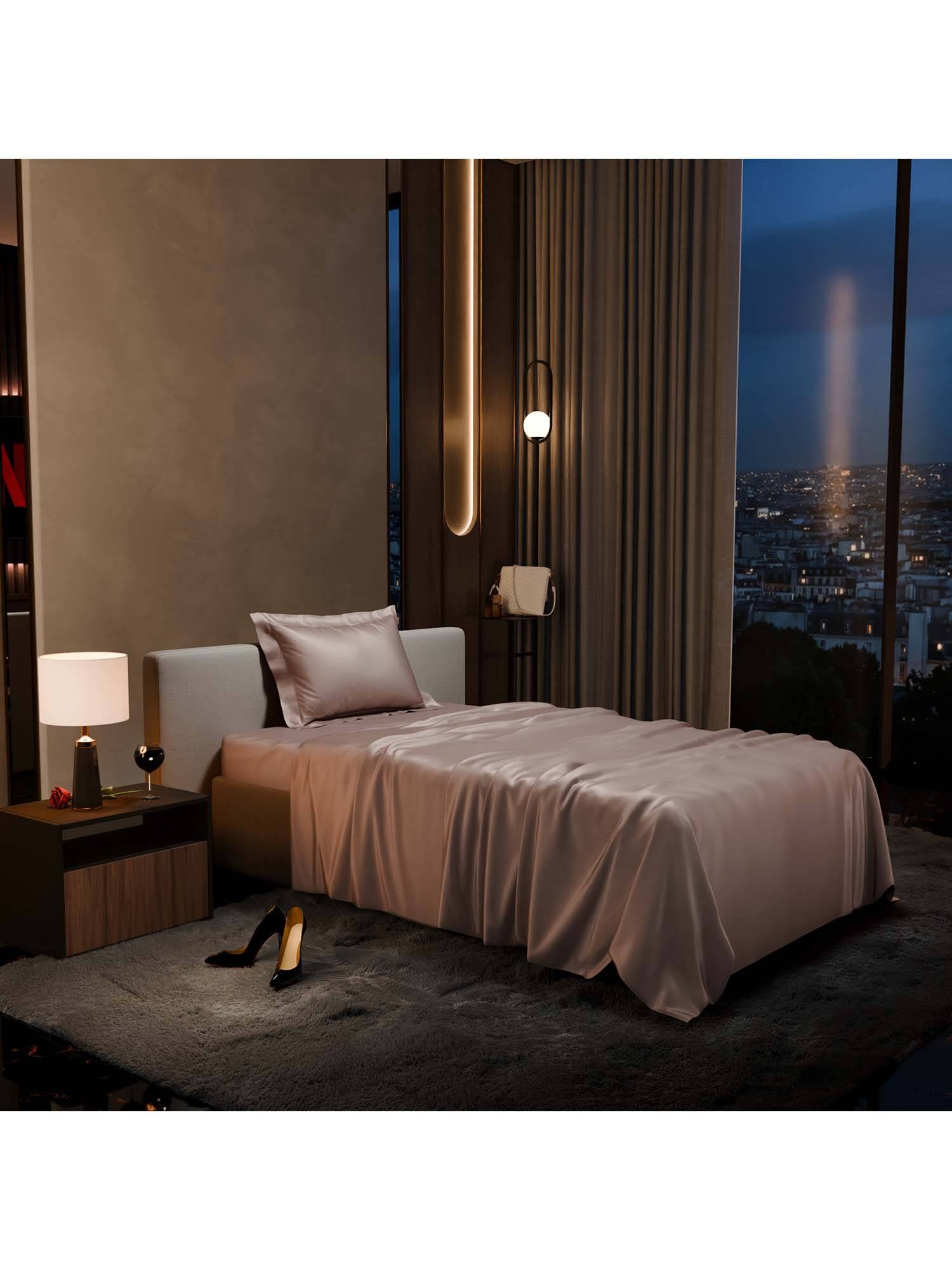 Stoa Paris Champagne Satin Single Bedsheet with 1 Pillow Cover