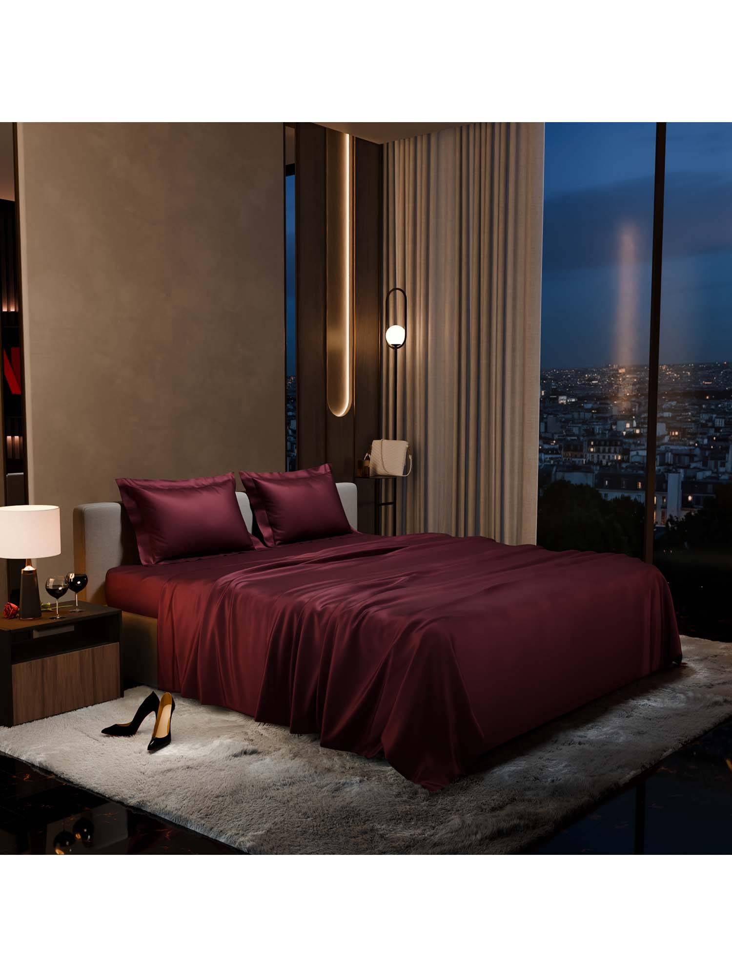 Stoa Paris Burgundy King Satin Bedsheet with 2 Pillow Covers