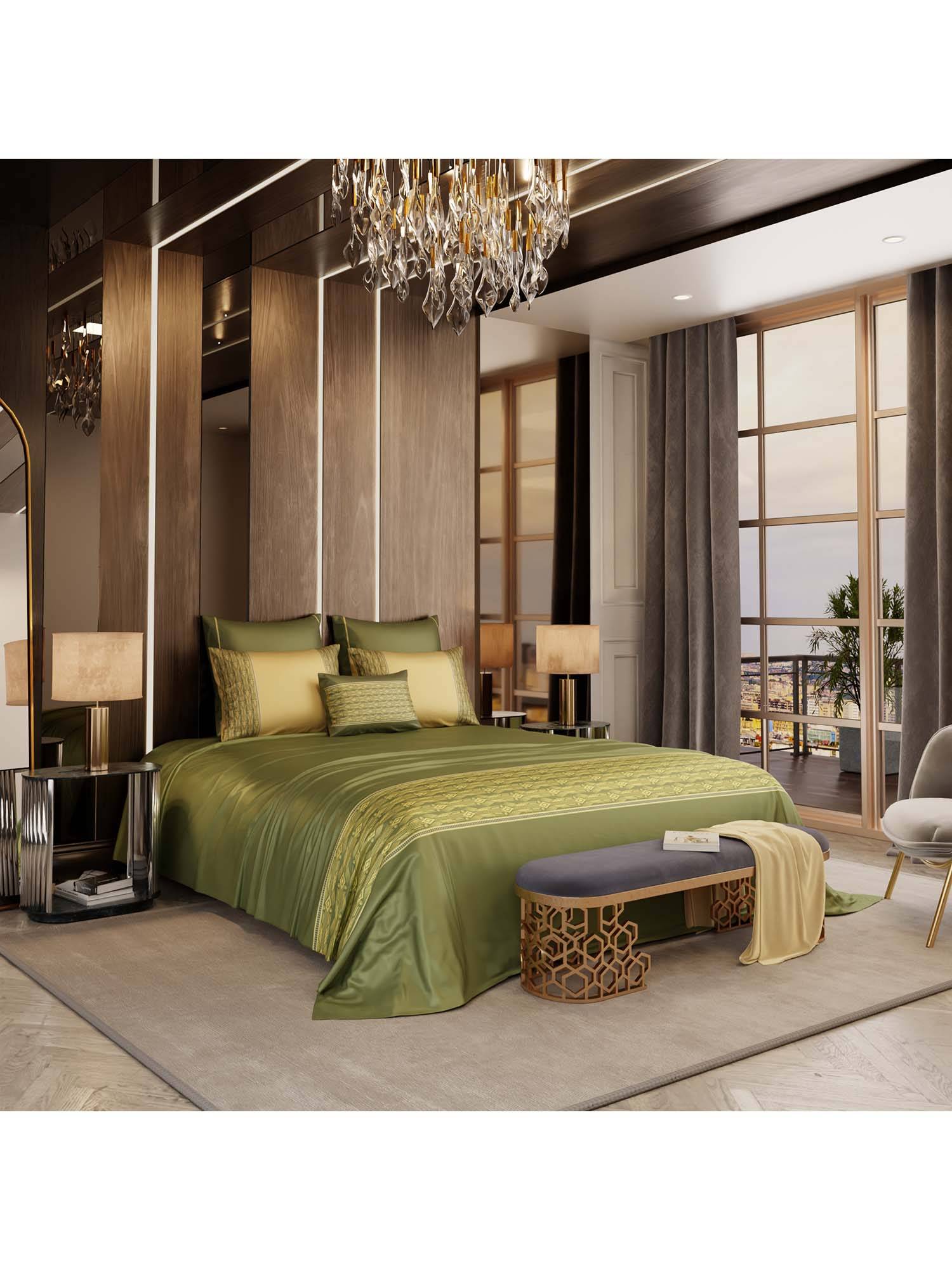 Stoa Paris Olive Regal King Bedsheet with 4 Pillow Covers & Cushions