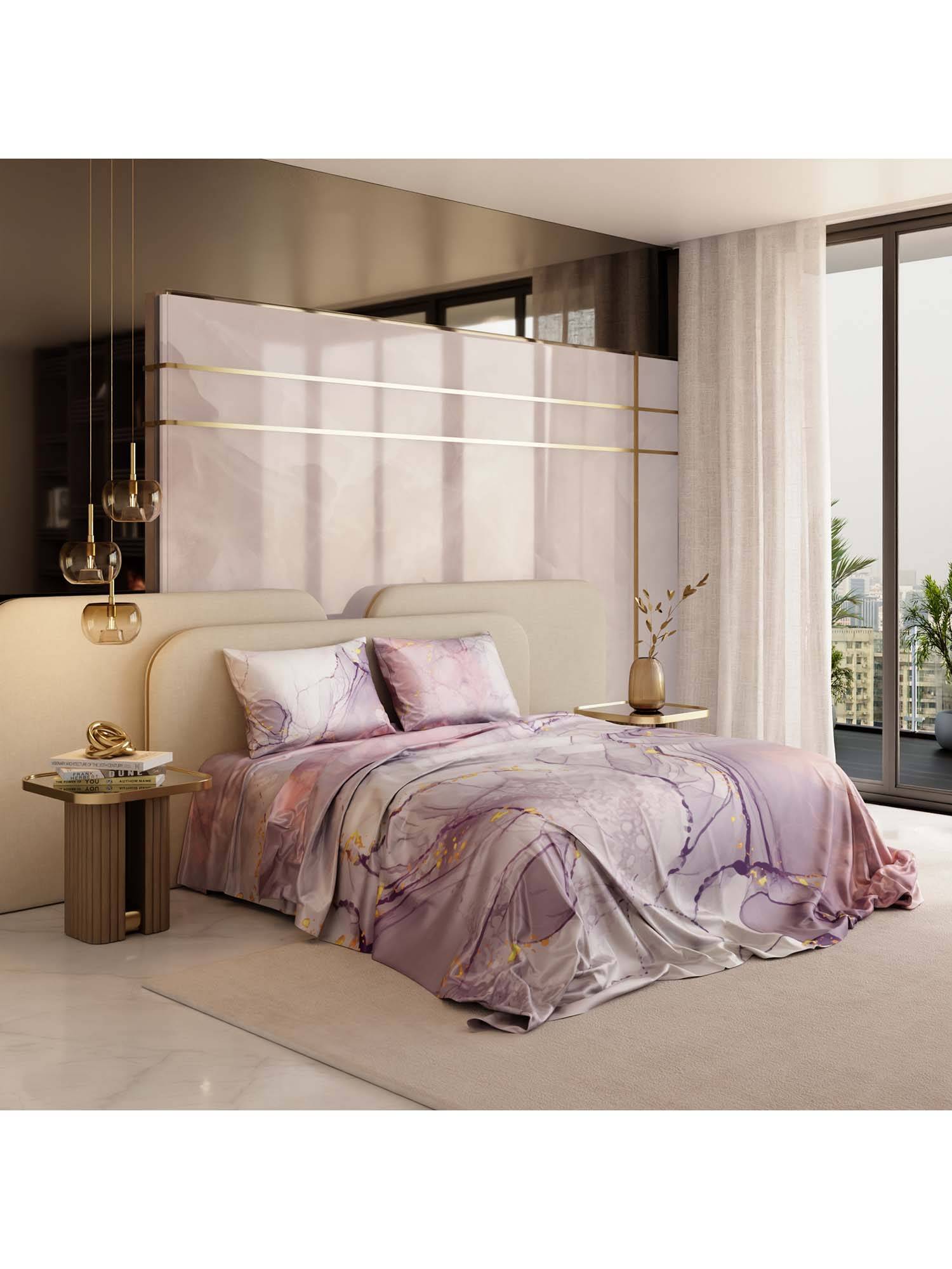 Stoa Paris Beneath Skies Lavender Satin Bedsheet with 2 Pillow Covers (King)