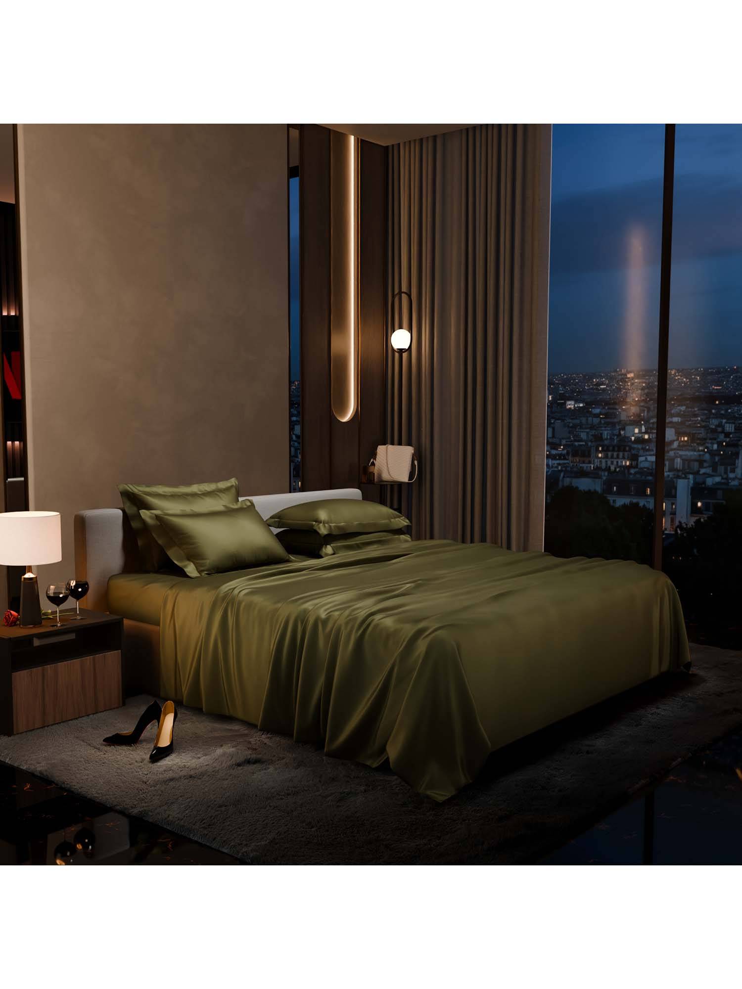 Stoa Paris Super Super King Size Bedsheet with 4 Pillow Covers, Date Night - Olive Oasis