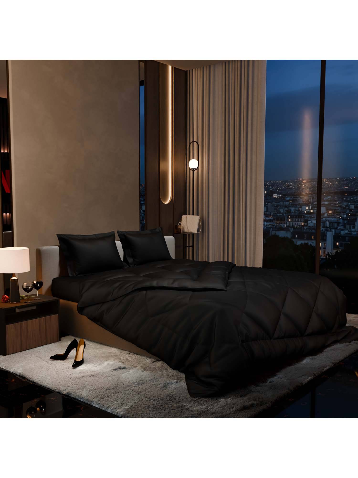 Stoa Paris Date Night Midnight Black Bed In A Bag Double Bedsheet, Comforter with 2 Pillow Cover