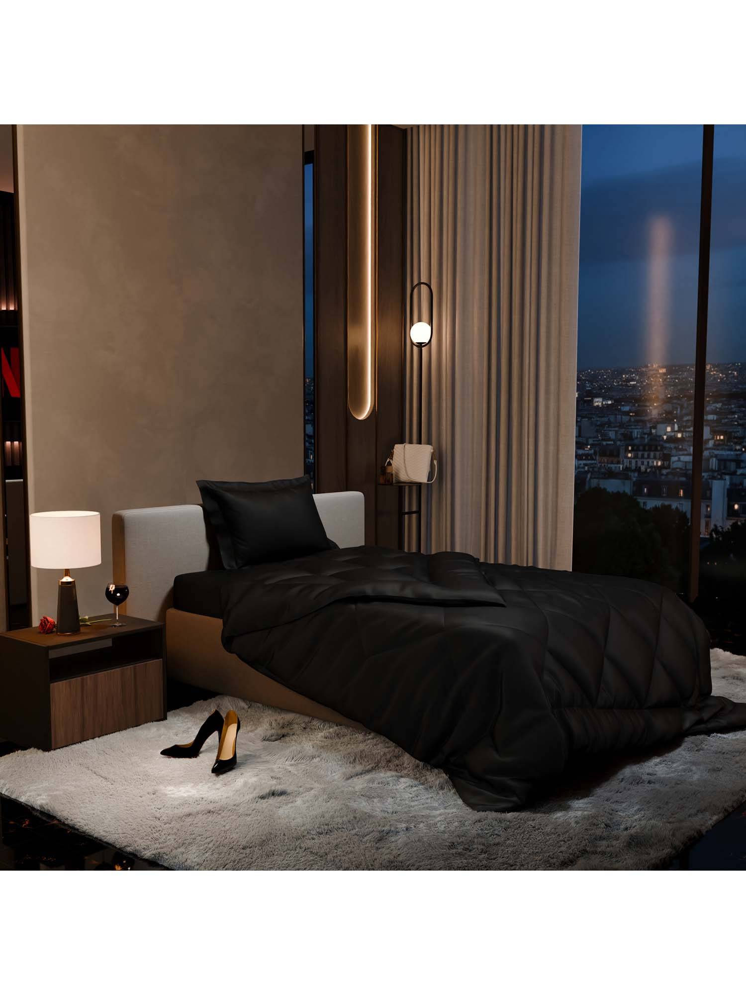 Stoa Paris Date Night Midnight Black Bed In A Bag Single Bedsheet, Comforter with 1 Pillow Cover