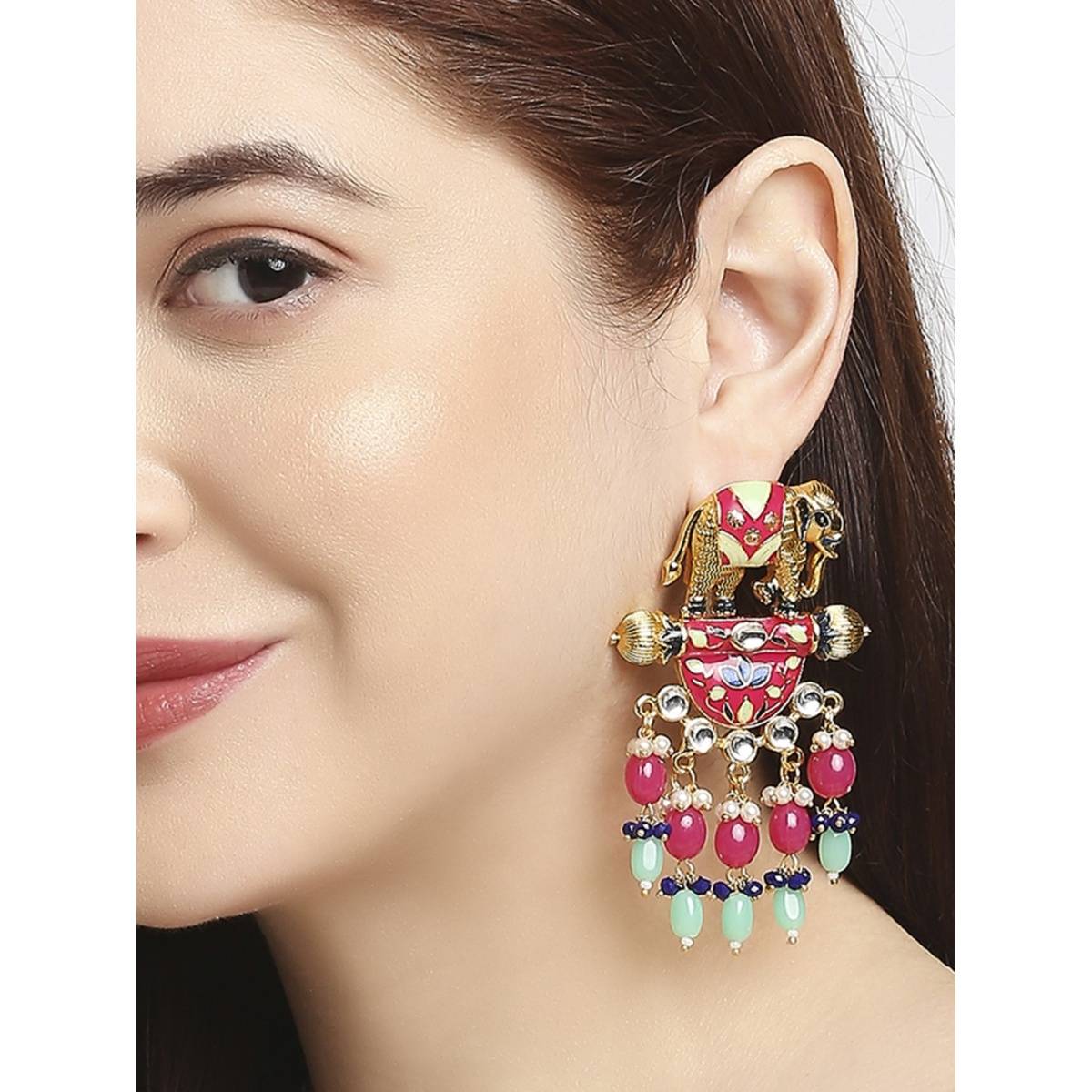 OOMPH Multi-Color Red & Pink Meenakari Kundan Elephant Design Large Ethnic Drop Earrings
