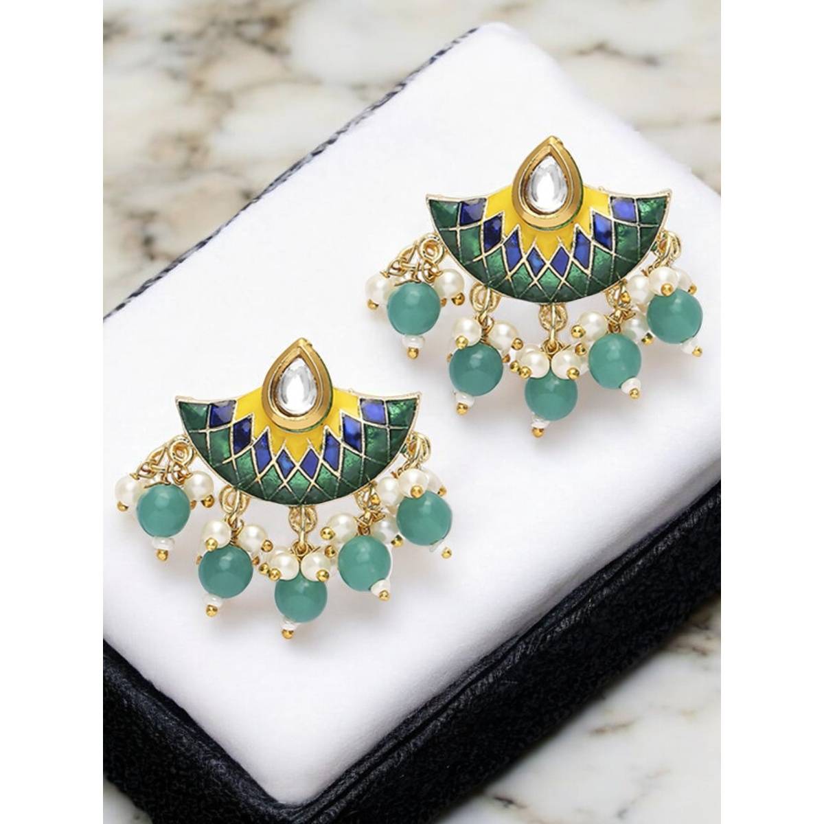 OOMPH Green & Yellow Meenakari Ethnic Drop Earrings Stylish Latest