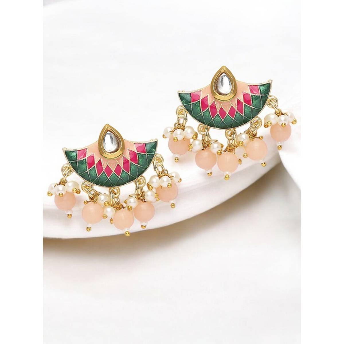 OOMPH Multi-Color Peach & Green Meenakari Ethnic Drop Earrings Stylish Latest
