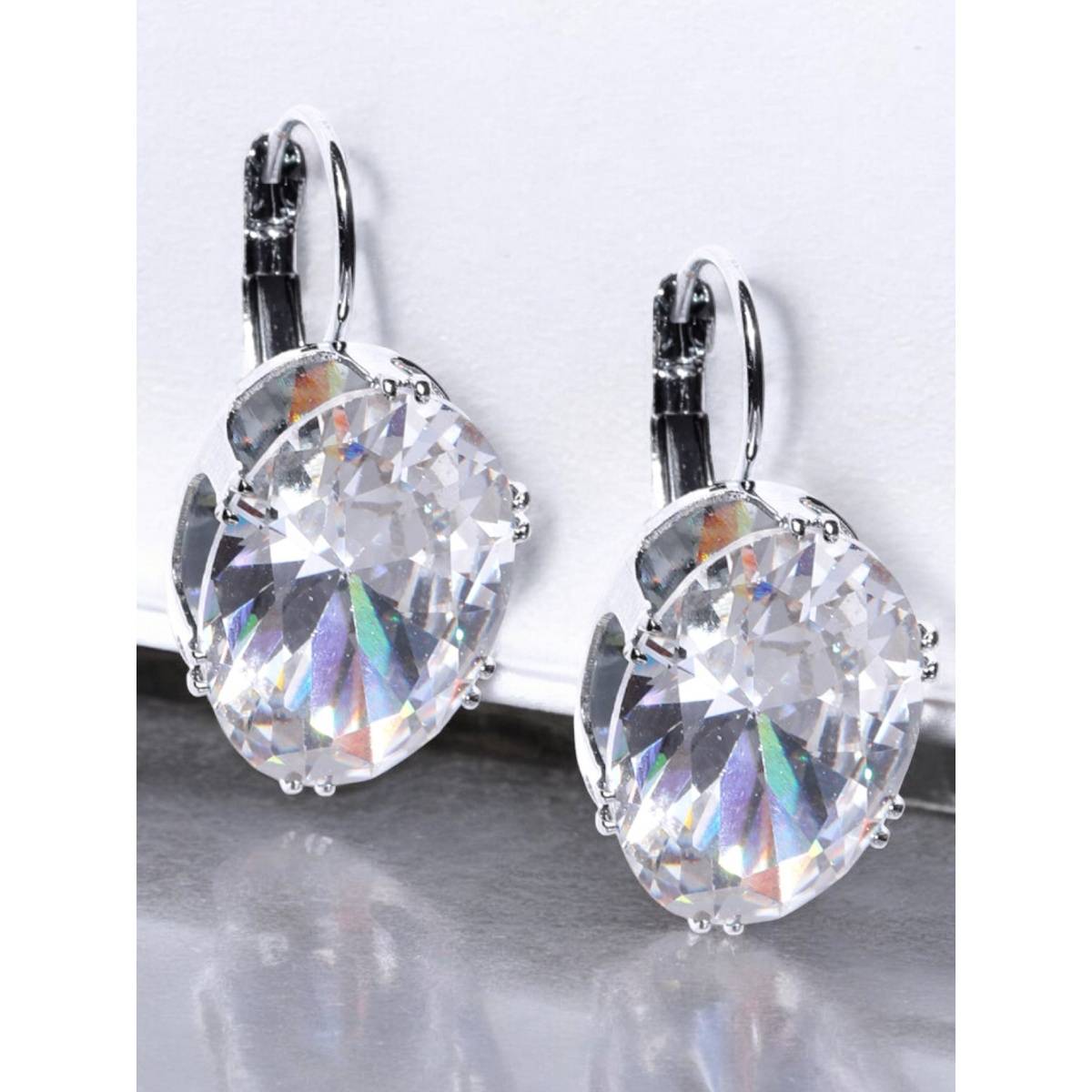 OOMPH Silver Tone Oversized Oval Cubic Zirconia Fashion Drop Earrings