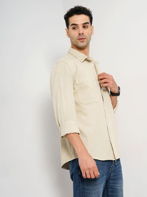 CELIO Men Beige Solid Slim Fit Cotton Denim Casual Shirt