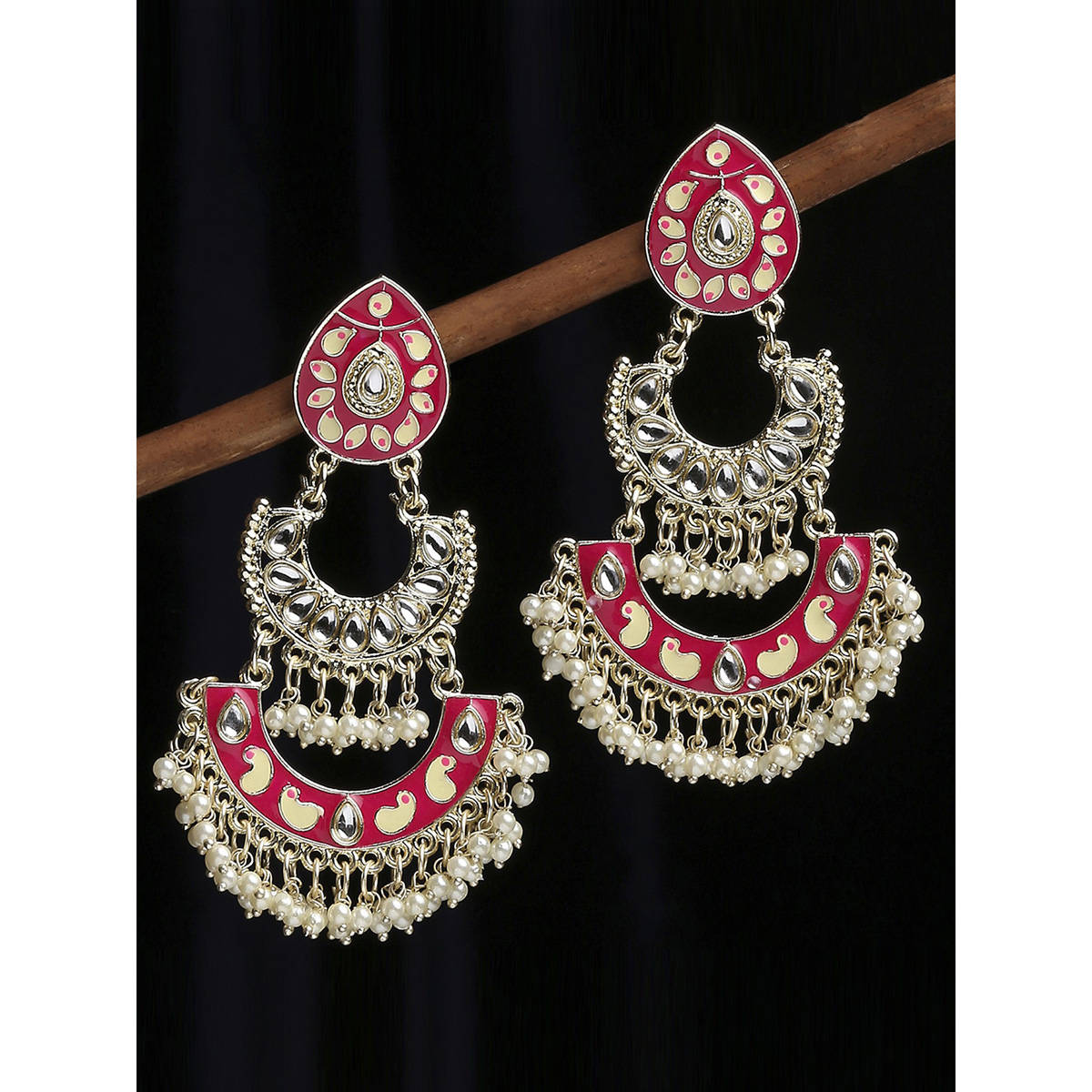 OOMPH Rani Pink Meenakari Enamel Kundan Ethnic Large Chandbali Drop Earrings
