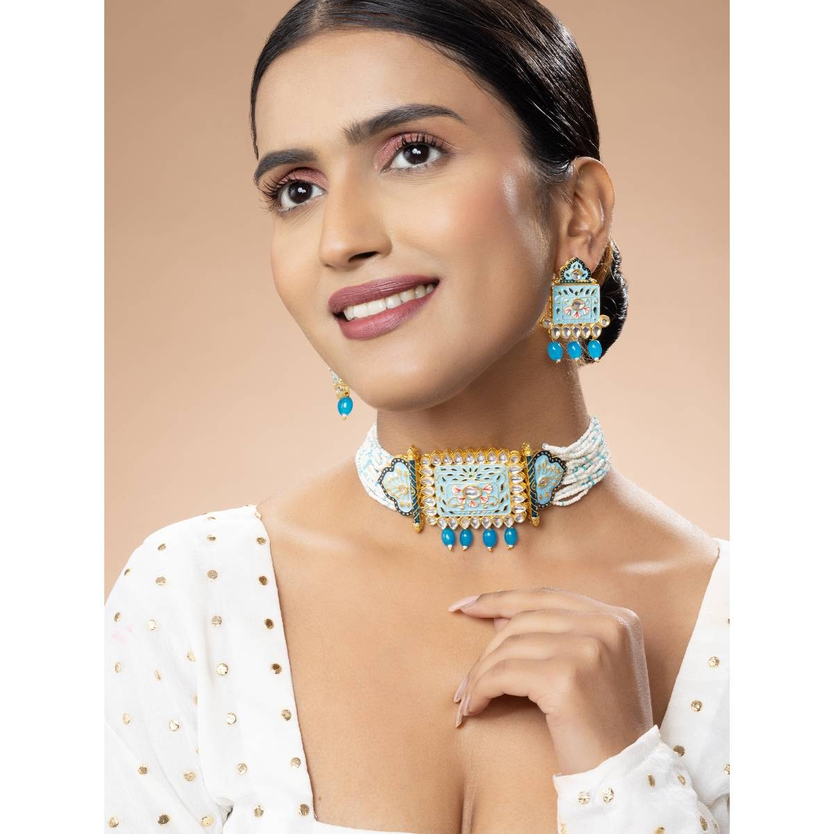 Niscka 24K Gold Plated Blue Meenakari Kundan Jadau Choker Necklace Set with Earrings