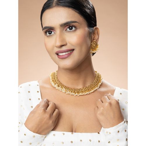 Niscka 24K Gold Plated Floral Design with Pearl Necklace and Earrings Set